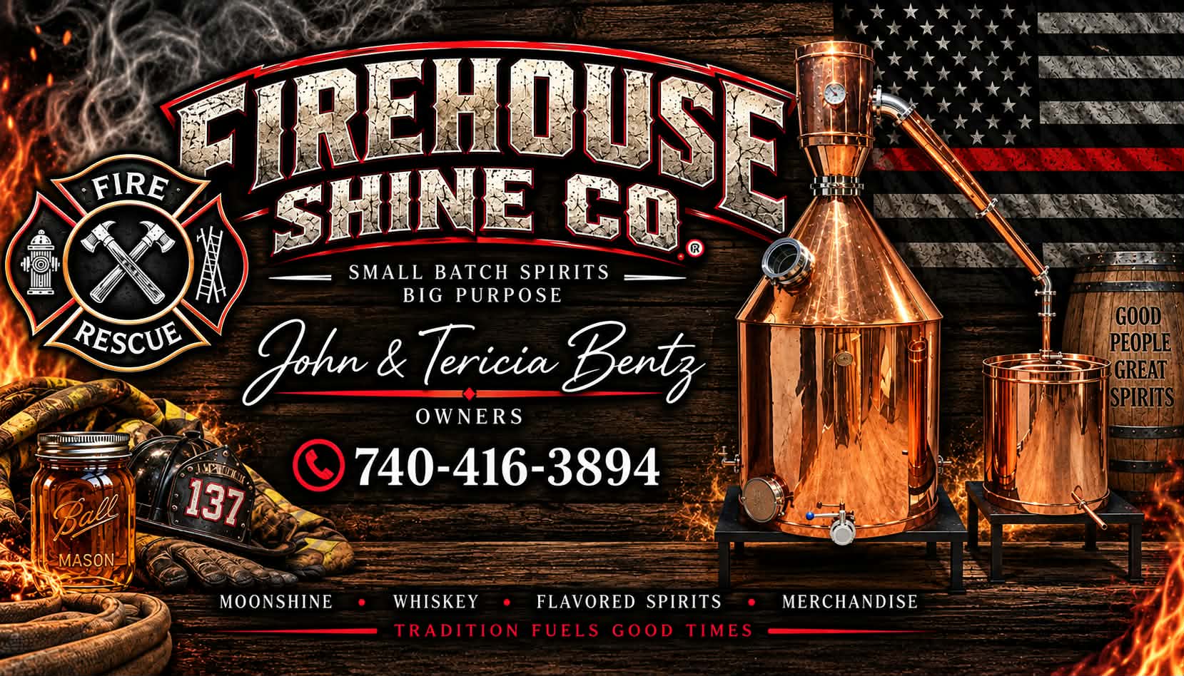 Firehouse Shine Co. — John and Tericia Bentz, owners. Small batch spirits, big purpose.